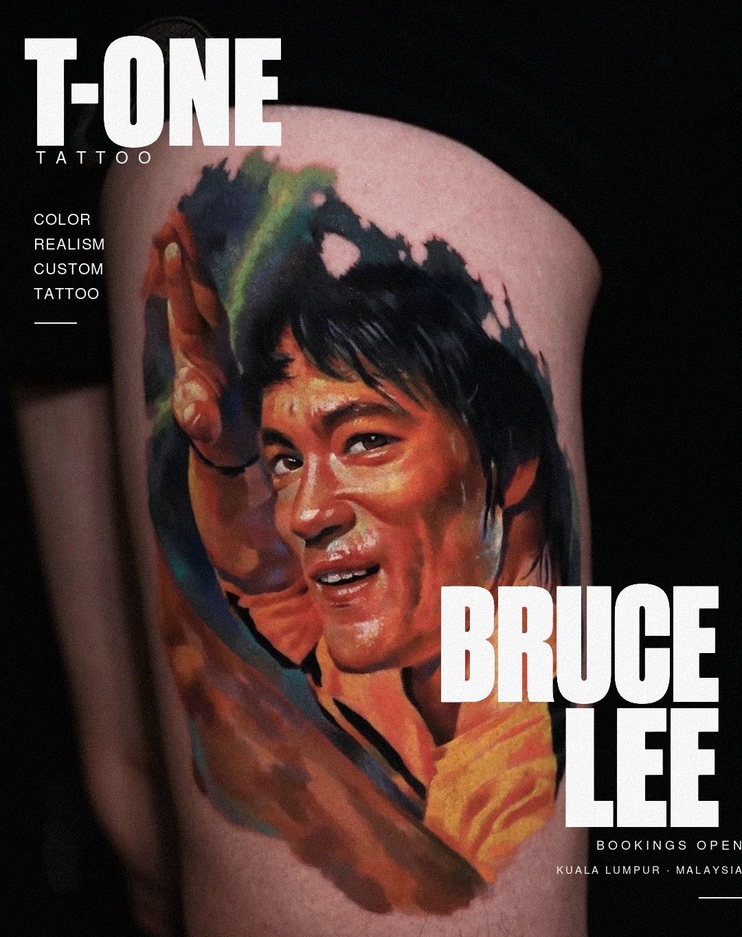 Colour realism portrait tattoo on the outer thigh, Kuala Lumpur