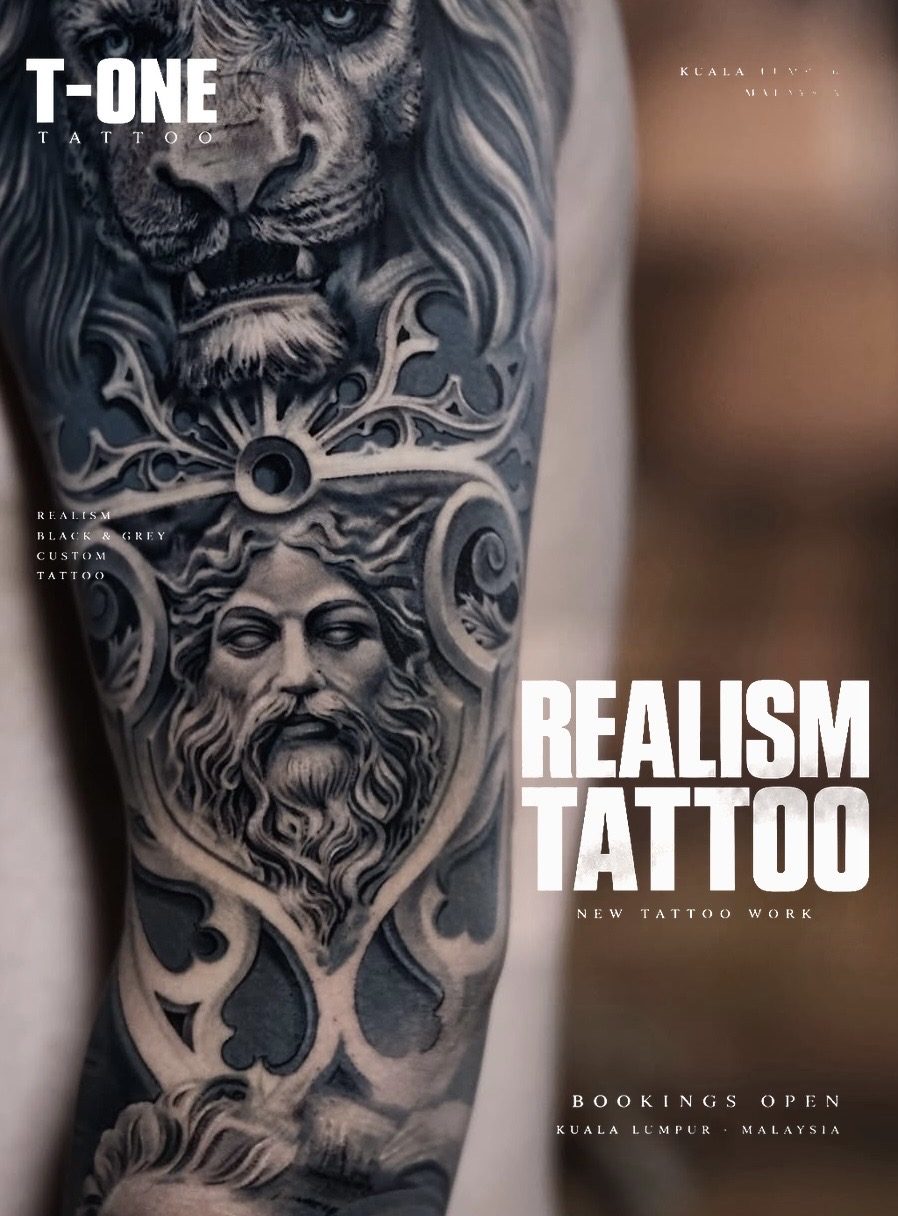 Black and grey realism tattoo of a lion and a classical god on the forearm, Kuala Lumpur