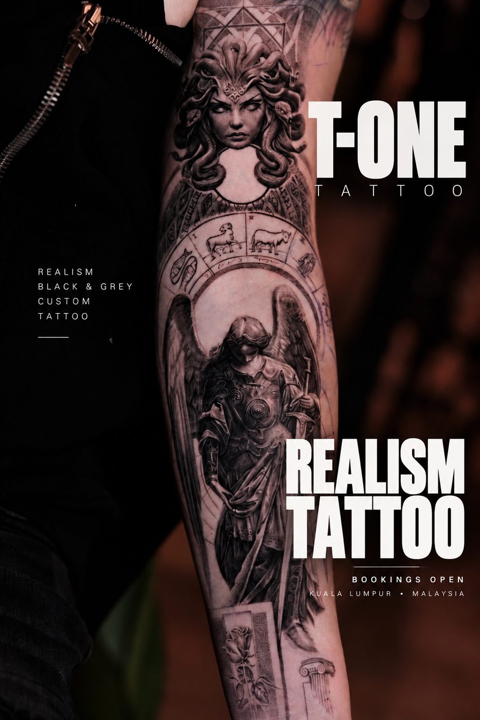 Black and grey realism forearm sleeve with Medusa and an angel, Kuala Lumpur