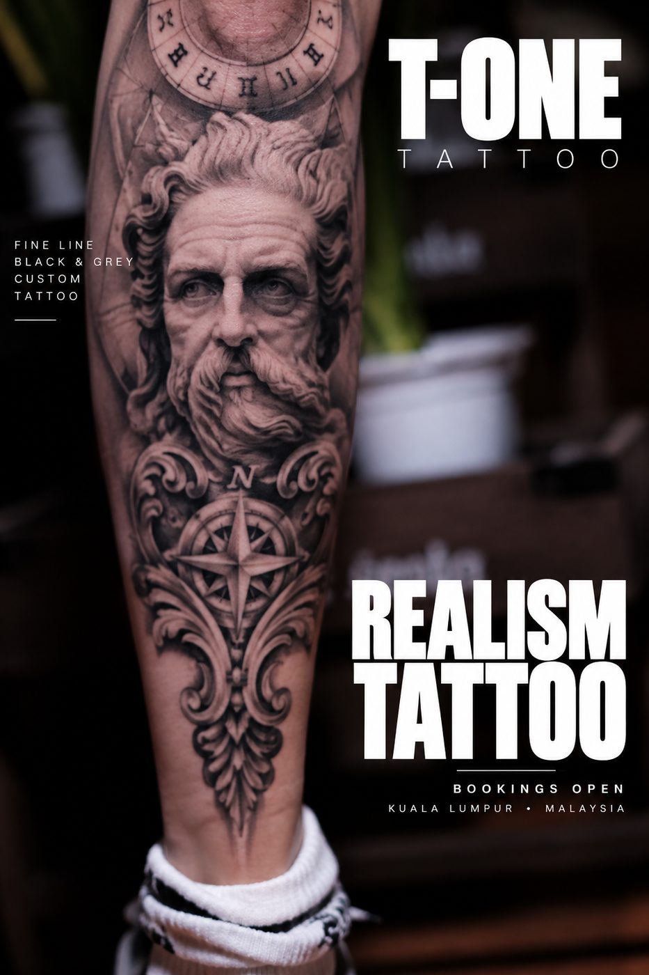 Black and grey realism tattoo of Zeus with a compass on the calf, Kuala Lumpur