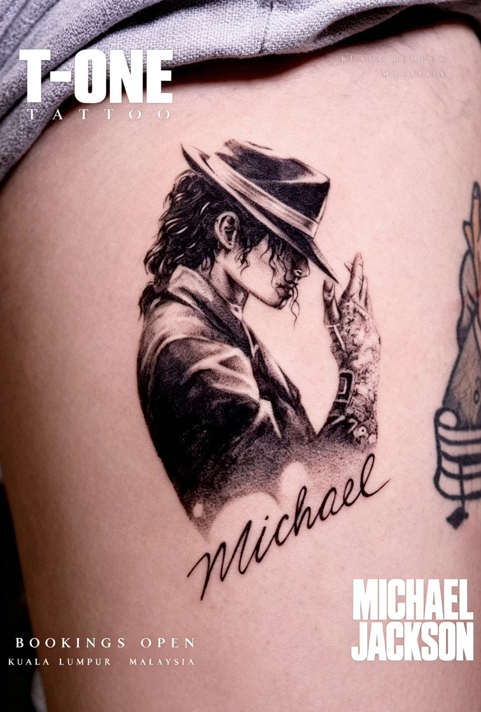 Single needle black and grey portrait tattoo with script on the ribs, Kuala Lumpur